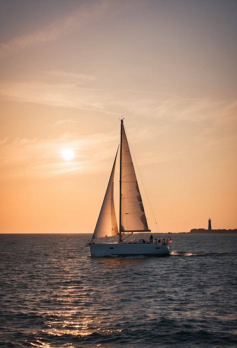 A sailboat glides along the horizon, bathed in the warm glow of a setting sun, with the silhouette of a lighthouse in the distance