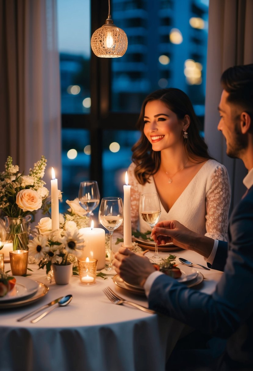 A couple enjoying a romantic dinner at a candlelit table, surrounded by flowers and soft music, reminiscing about their first date