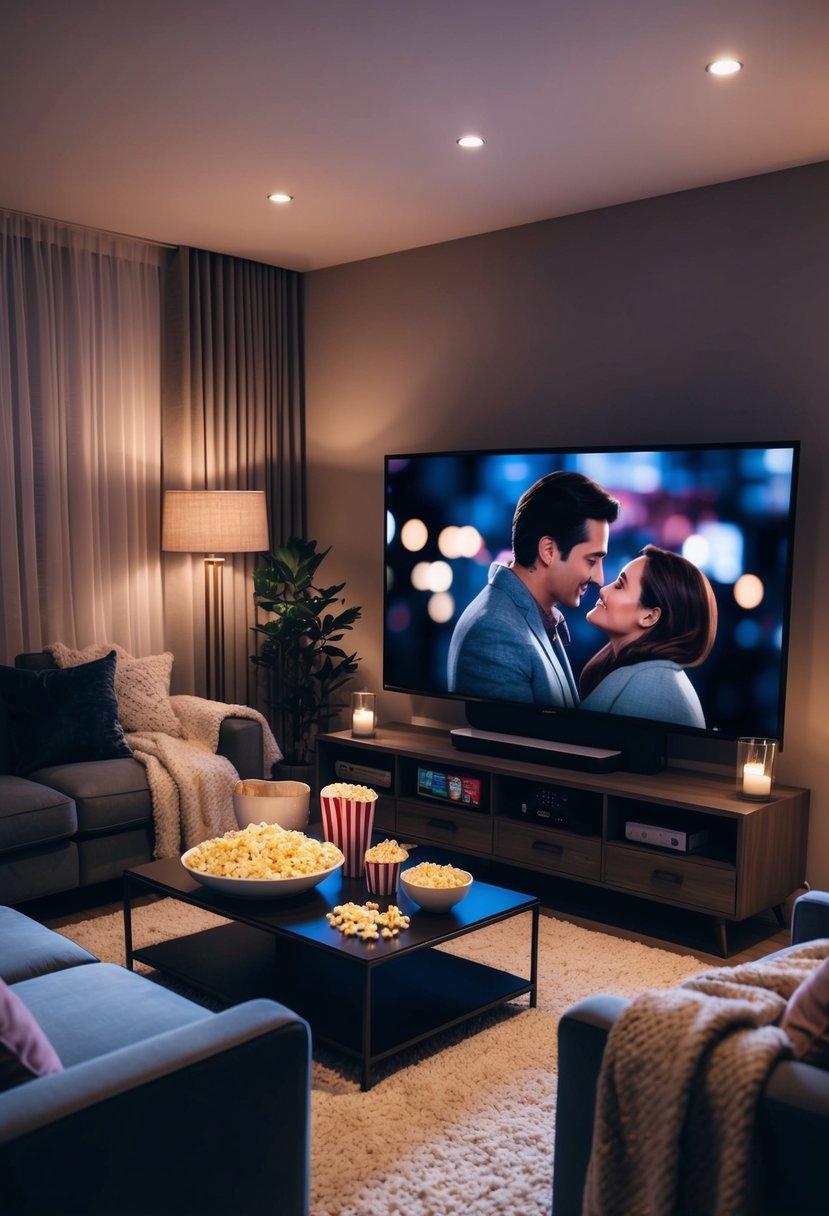 A dimly lit living room with a plush sofa, warm blankets, and a coffee table adorned with popcorn and snacks. A large TV screen displays a romantic movie