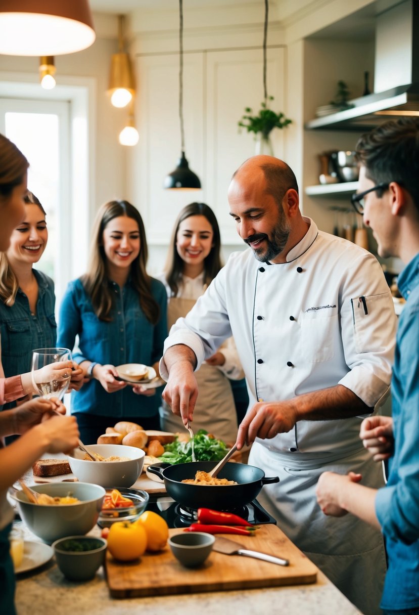 A cozy kitchen setting with a chef demonstrating cooking techniques to a small group of students. Ingredients, utensils, and a celebratory atmosphere