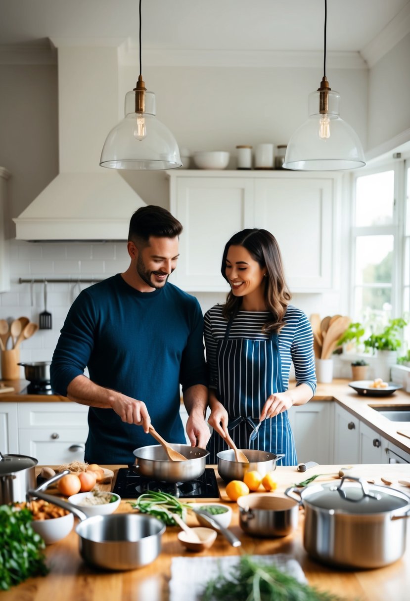 A couple cooking together in a bright, spacious kitchen, surrounded by pots, pans, and fresh ingredients