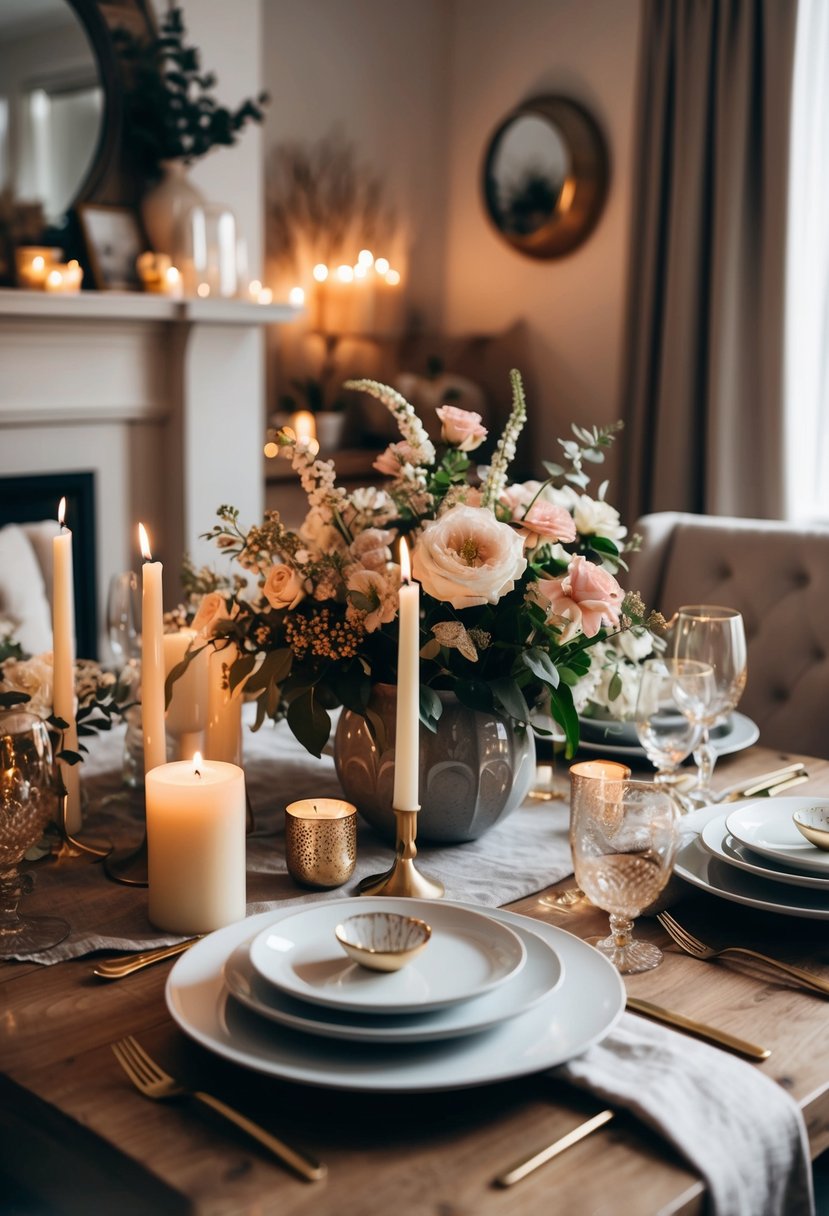 A beautifully set dining table with candles, flowers, and elegant tableware, surrounded by cozy home decor, creating a warm and intimate atmosphere