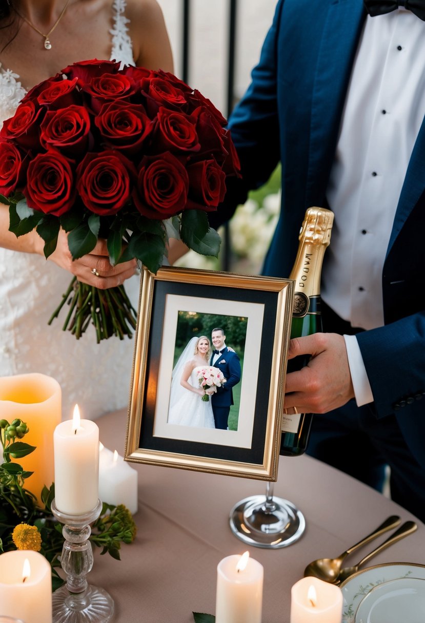 A couple's hands holding a bouquet of red roses and a framed wedding photo on a table adorned with candles and a bottle of champagne