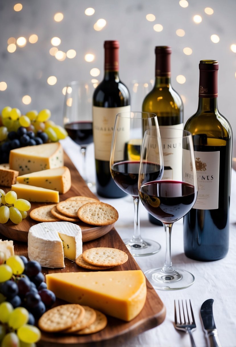 A table set with an assortment of cheeses, crackers, and grapes, alongside a selection of fine wines in elegant glassware