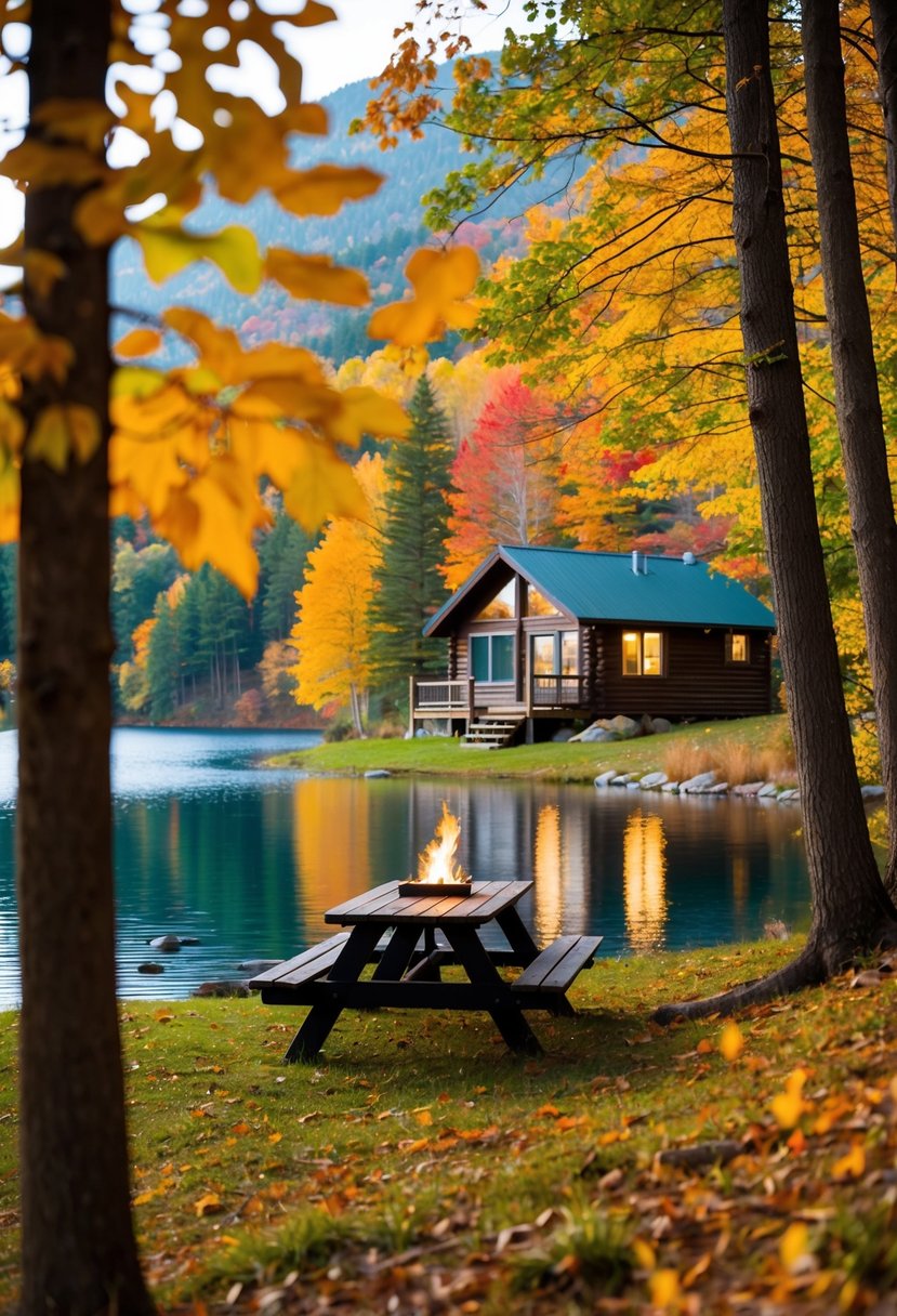 A cozy cabin nestled in the woods, surrounded by colorful autumn foliage and a serene lake, with a picnic table set for two and a crackling fire in the background