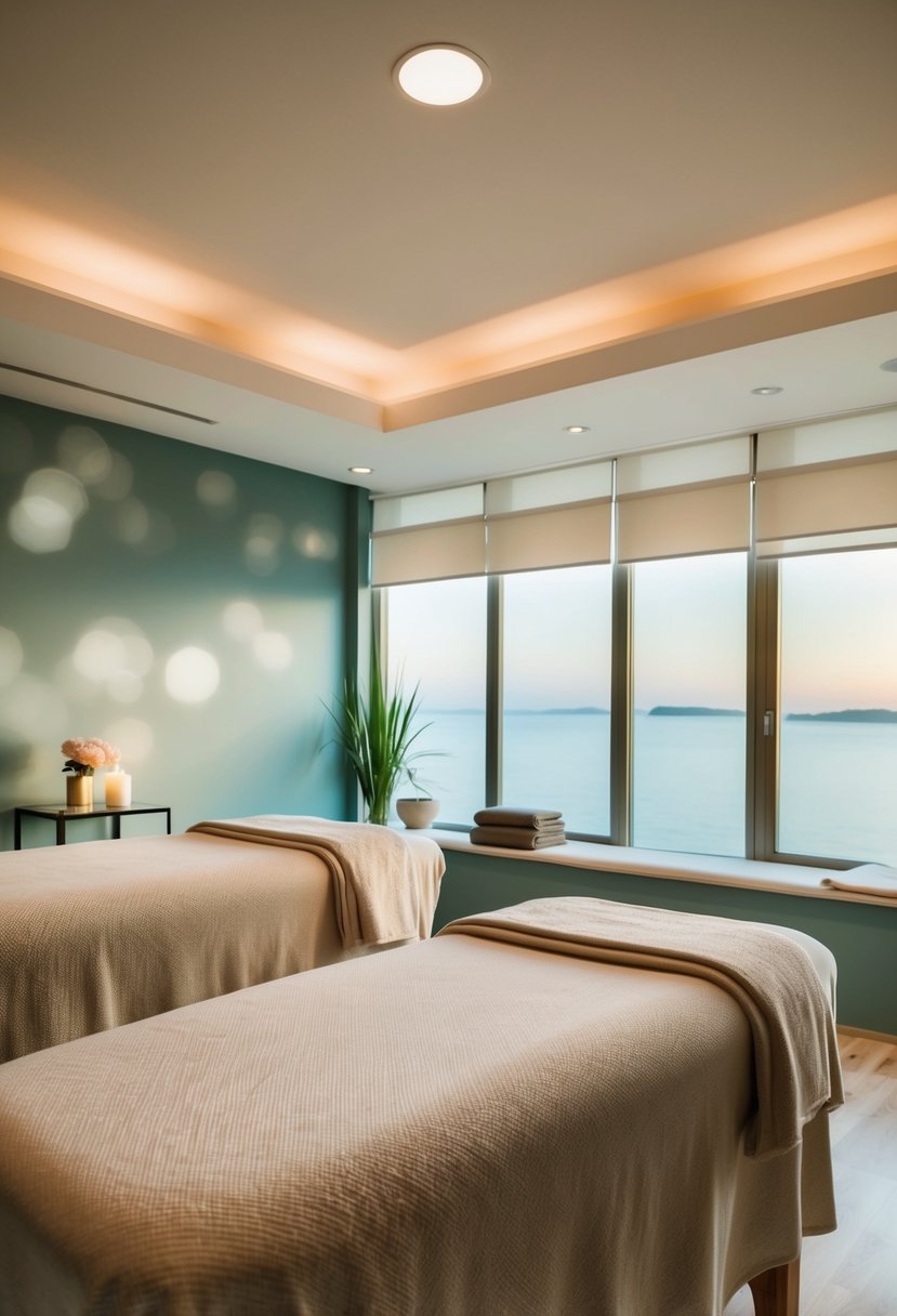 A serene spa room with two massage tables, soft lighting, and a tranquil ambiance