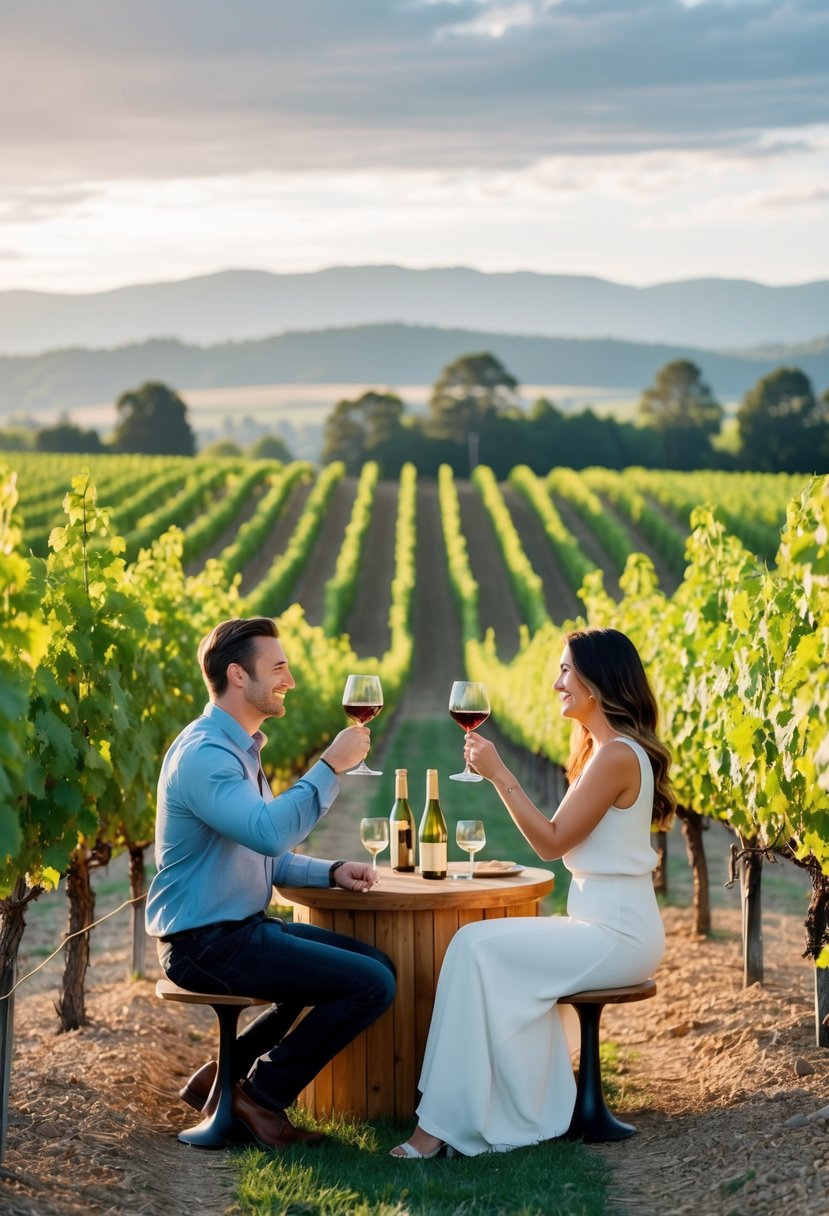 A picturesque vineyard with rows of grapevines, a rustic tasting room, and a couple enjoying glasses of wine with a scenic view