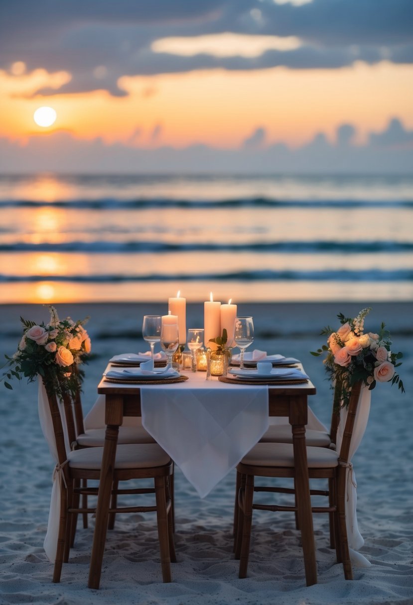 A cozy table for two, adorned with candles and flowers, set against a sunset backdrop on a tranquil beach