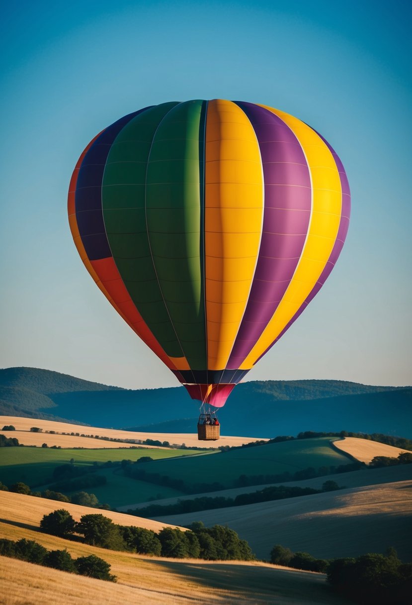 A colorful hot air balloon floats above a serene landscape, with rolling hills and a clear blue sky