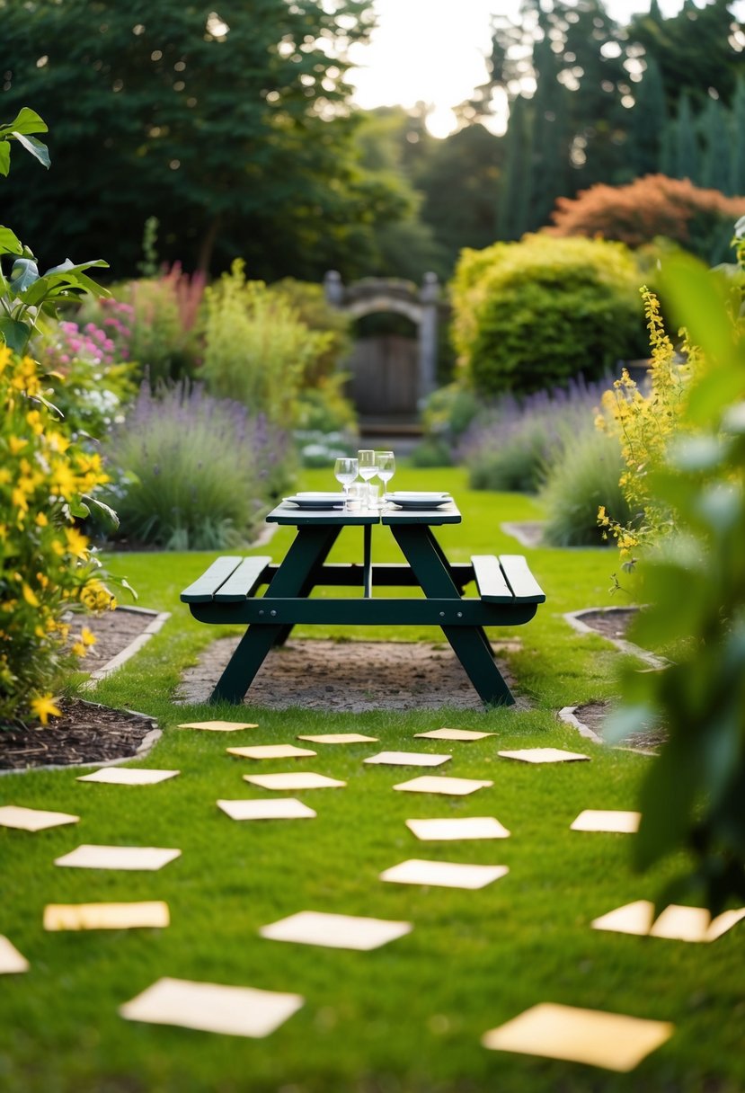 A garden with scattered clues, a picnic table set for two, and a path leading to a hidden treasure