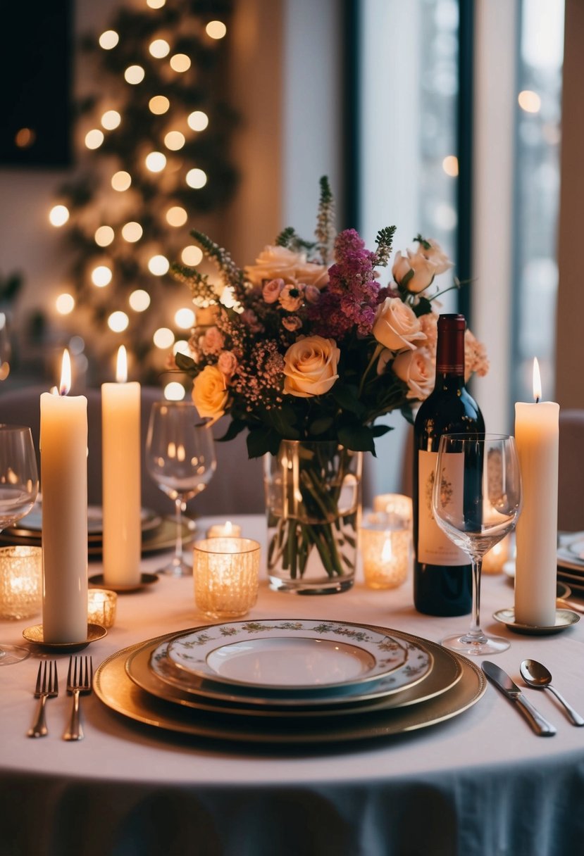 A candlelit table set with fine china, a bouquet of flowers, and a bottle of wine, surrounded by soft lighting and cozy ambiance