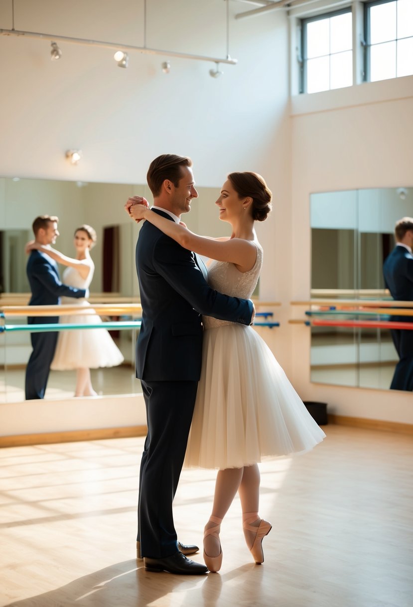 A couple gracefully waltzing in a sunlit dance studio, surrounded by mirrors and colorful ballet barres