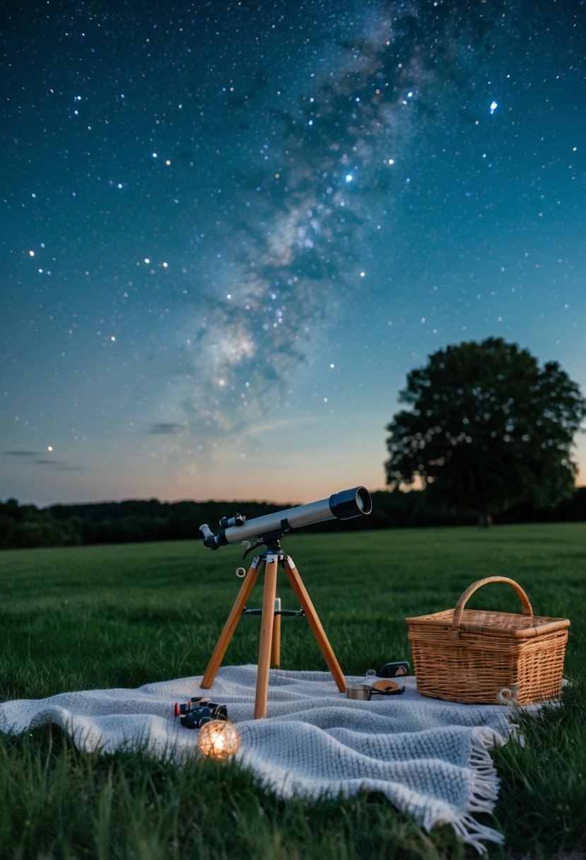 A serene countryside night with a clear sky filled with twinkling stars. A cozy blanket spread out on the grass, with a telescope and a picnic basket nearby