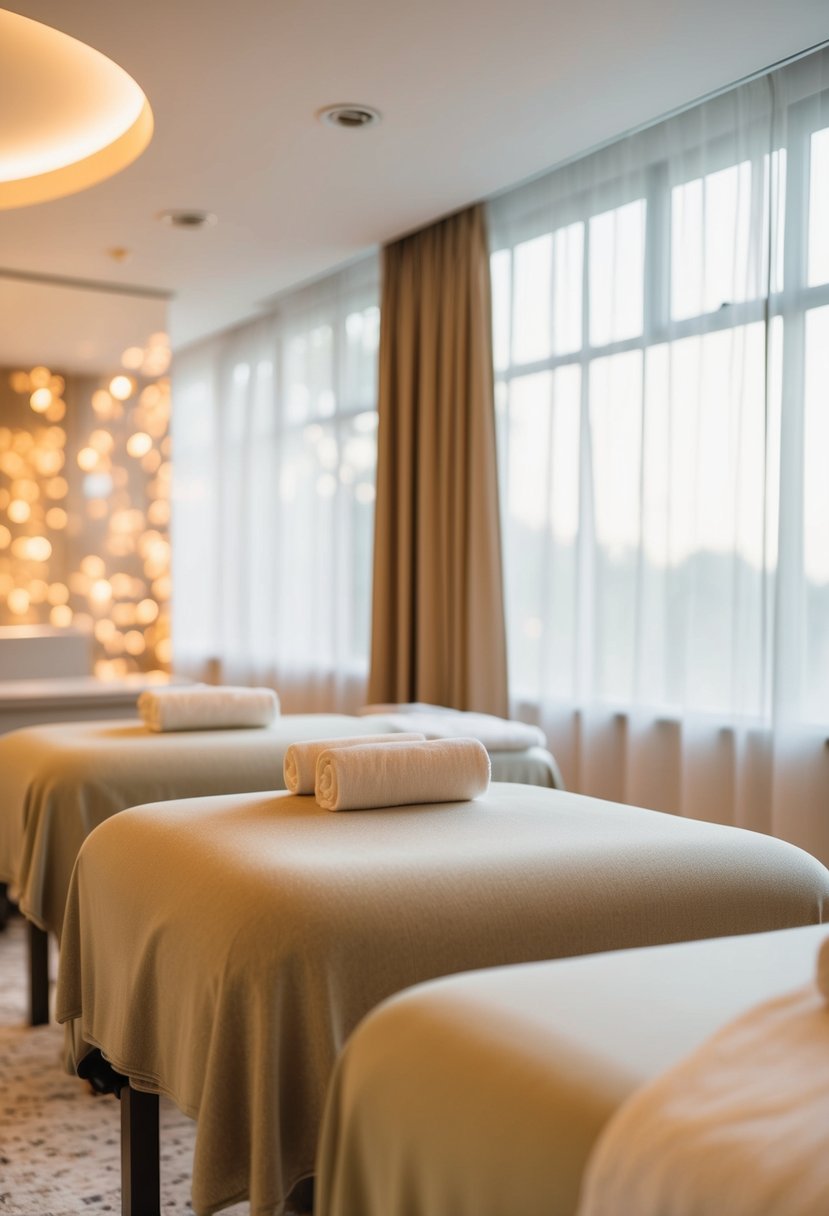 A serene spa room with two massage tables, soft lighting, and soothing music