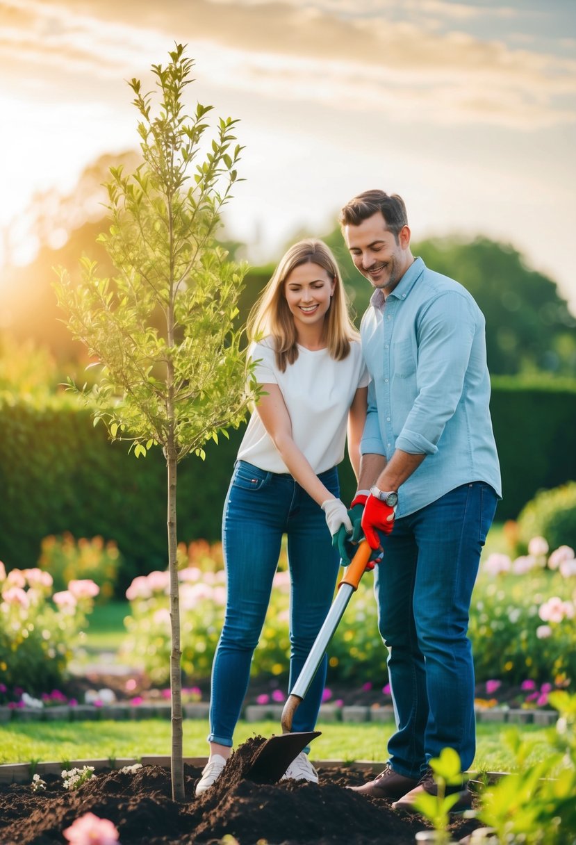 A couple planting a tree together in a garden, surrounded by blooming flowers and a warm, sunny sky