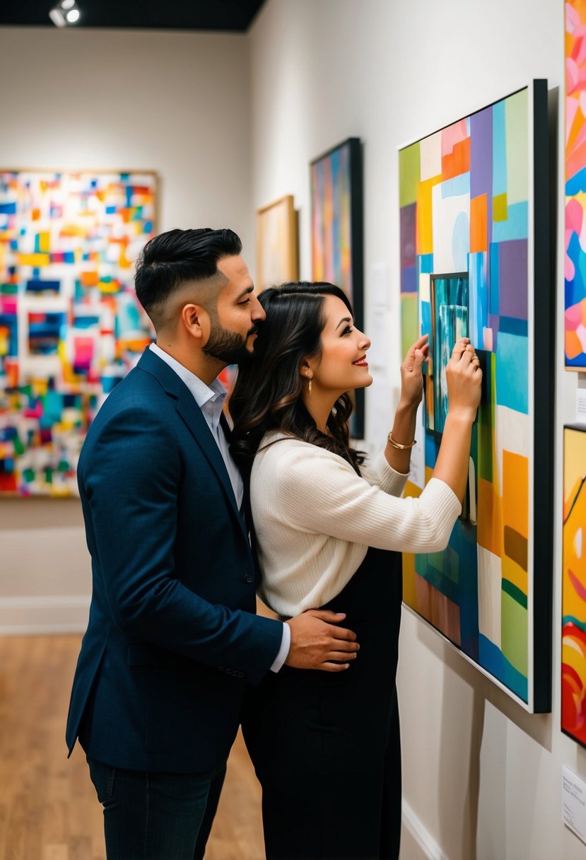 A couple admires a painting at a local art gallery, surrounded by colorful and diverse artwork