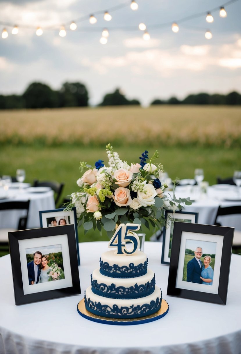 A table set with a collection of framed photos, a bouquet of flowers, and a decorative 45th anniversary cake