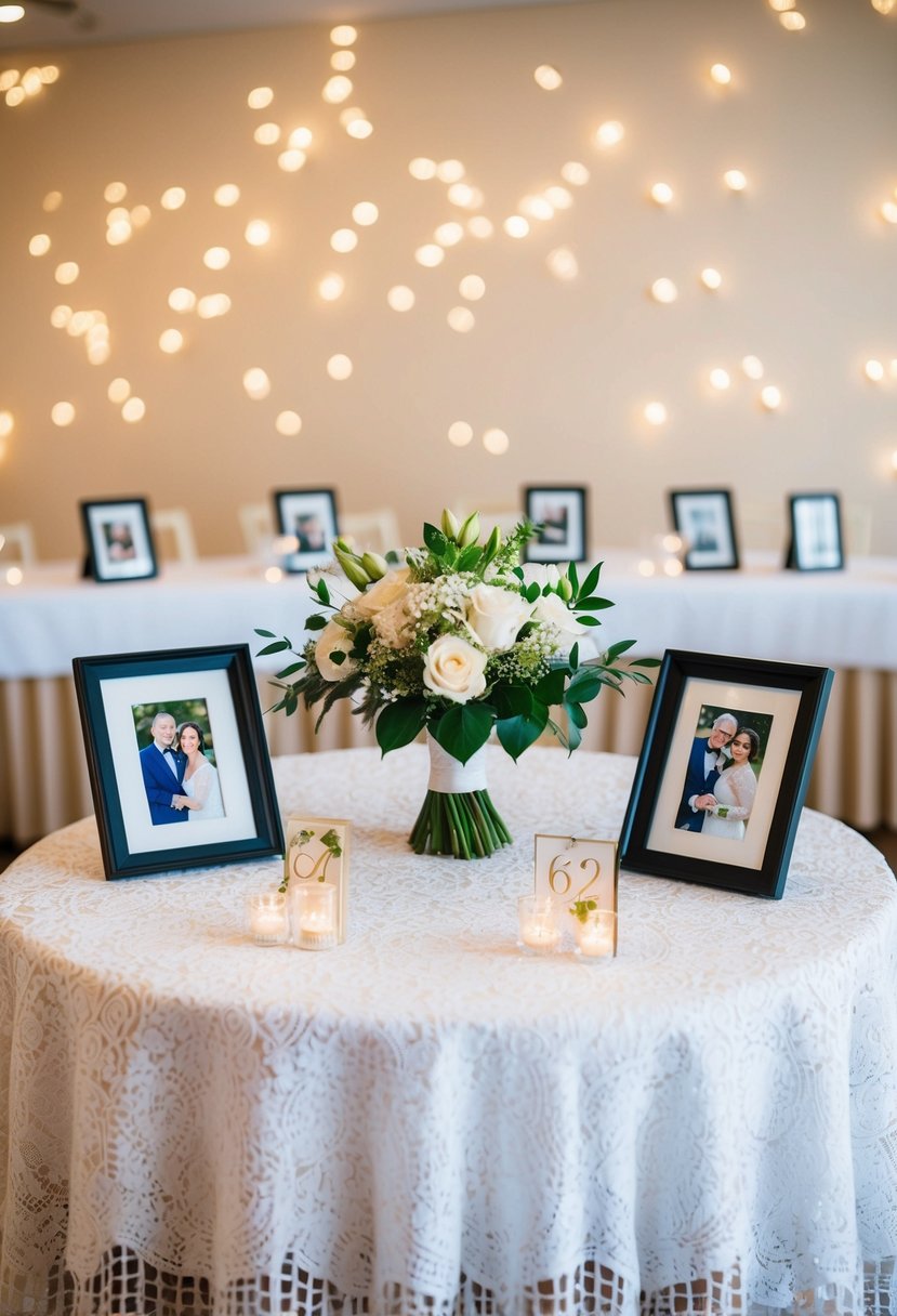 A table set with a white lace tablecloth, adorned with a bouquet of fresh flowers, and surrounded by framed photos of a couple's 62nd wedding anniversary celebrations