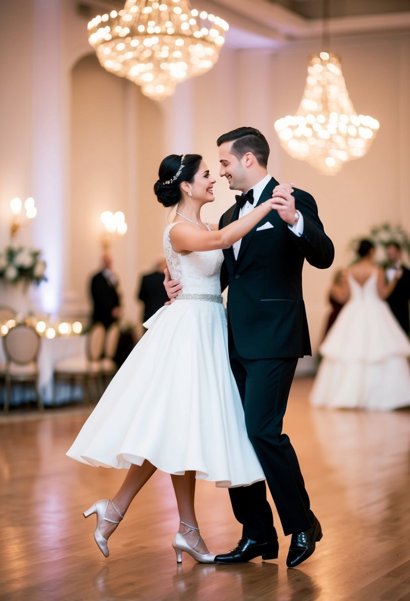 A couple gracefully waltzing in a ballroom, surrounded by twinkling lights and elegant decor