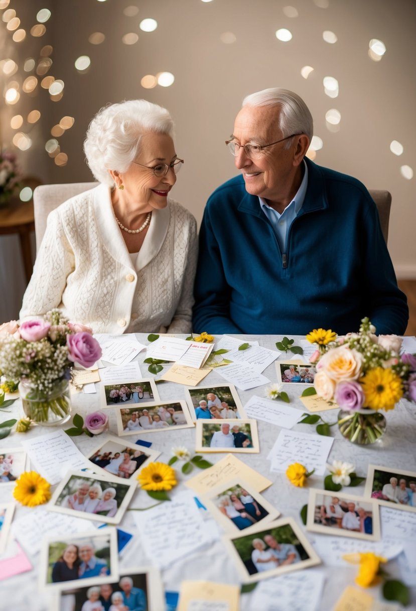 An elderly couple sits at a table covered in love letters, surrounded by flowers and photos from their 62 years of marriage