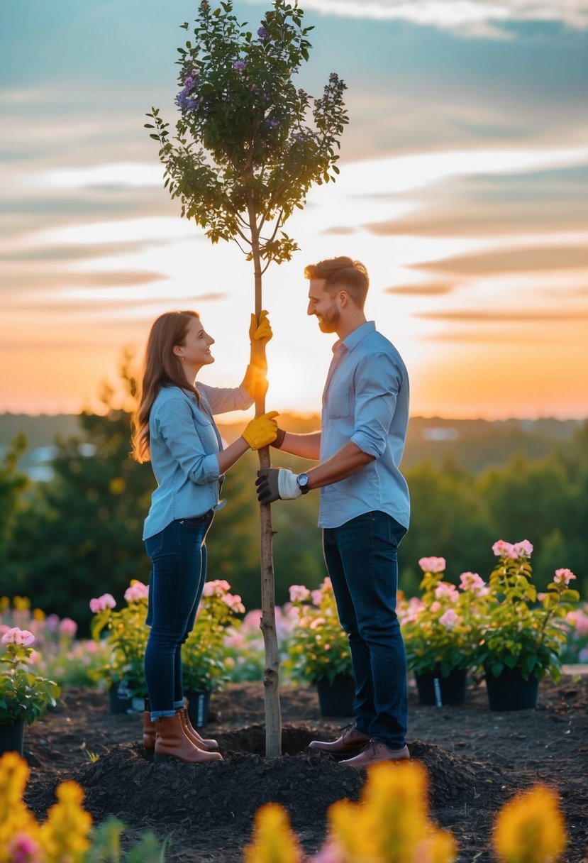 A couple planting a tree together, surrounded by blooming flowers and a beautiful sunset in the background