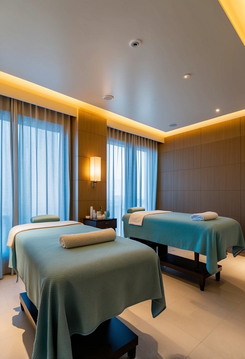 A serene spa room with two massage tables, soft lighting, and soothing music