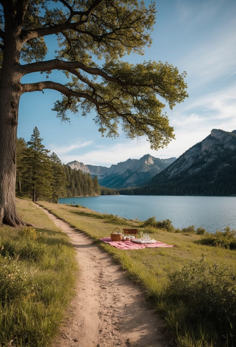 A serene mountain trail leading to a clearing with a picnic spread under a towering oak tree, overlooking a shimmering lake