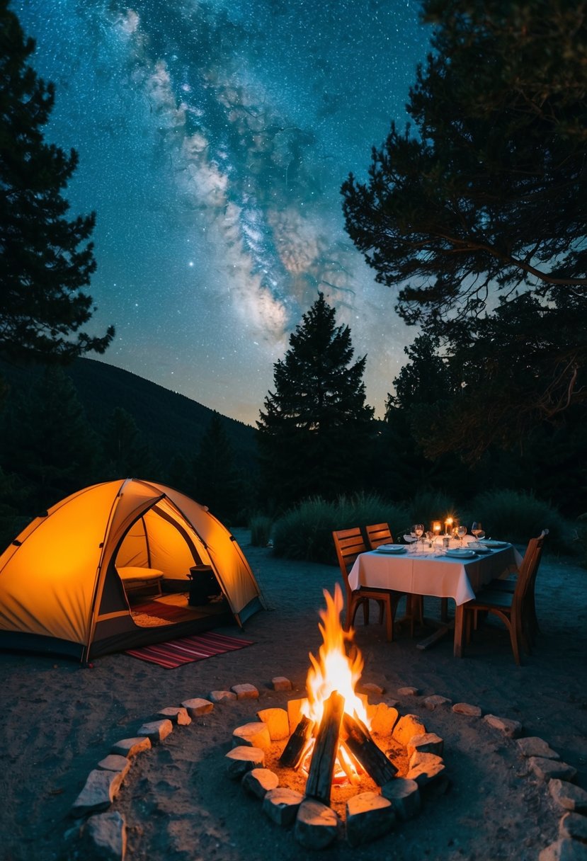 A cozy campsite with a glowing fire, a tent pitched under a starry sky, surrounded by trees and a table set for a romantic dinner