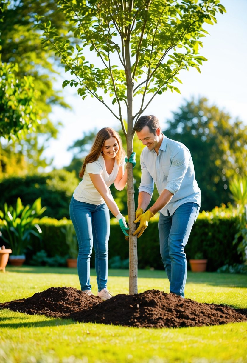 A couple planting a tree in a lush garden on a sunny day