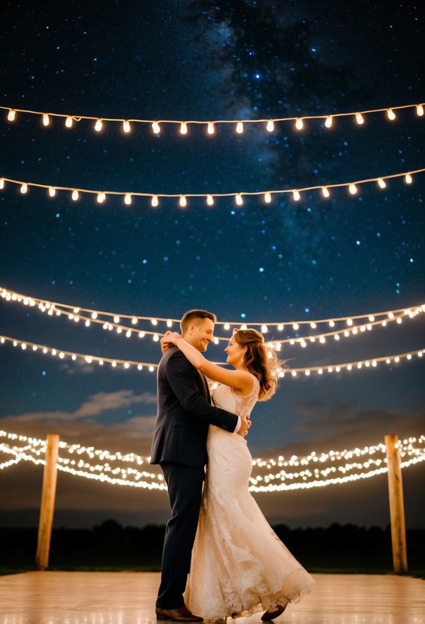 A couple dances under a starry night sky, surrounded by twinkling lights and a romantic ambiance