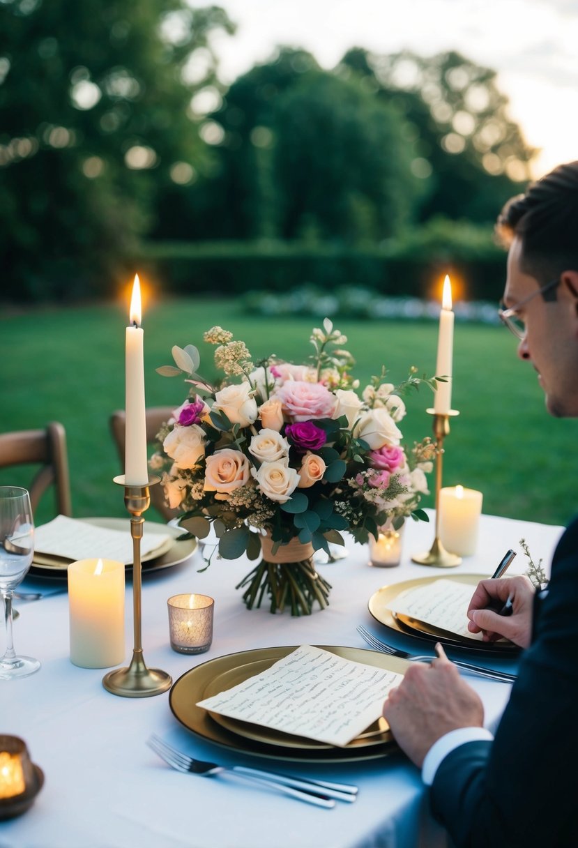 A table set for two with a bouquet of flowers, candles, and handwritten love letters