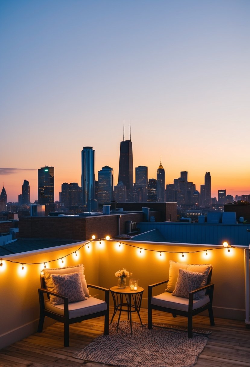 The sun sets behind a city skyline, casting a warm glow over a rooftop adorned with twinkling string lights and cozy seating for two