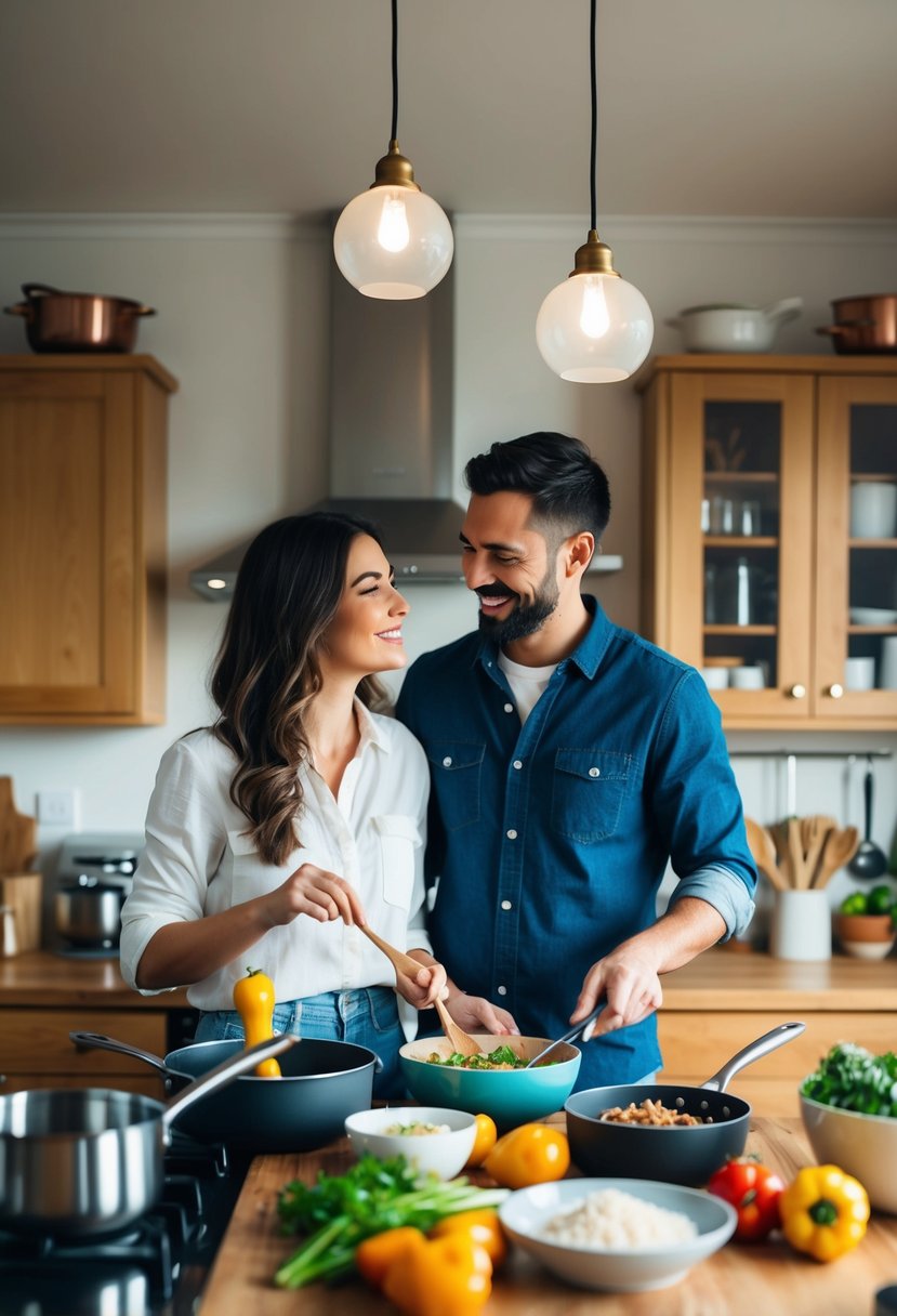 A couple prepares a meal together in a cozy kitchen, surrounded by pots, pans, and fresh ingredients