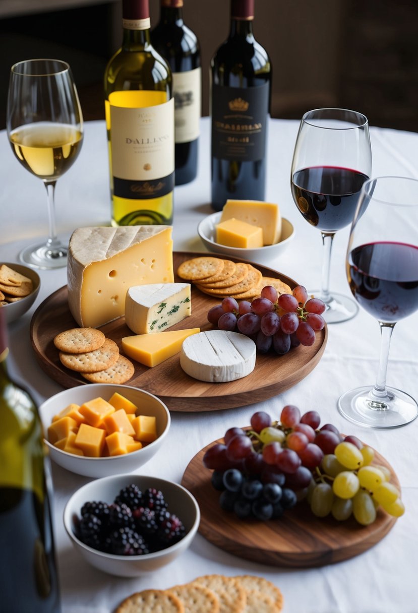 A table set with a variety of cheeses, crackers, and grapes, accompanied by several bottles of wine and wine glasses