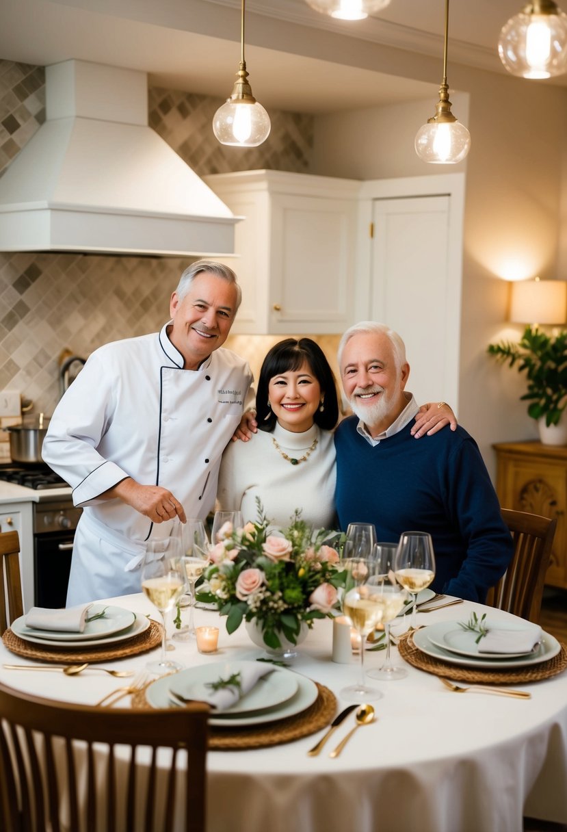 A cozy dining room with a beautifully set table, a private chef cooking in the background, and a happy couple celebrating their 62nd anniversary