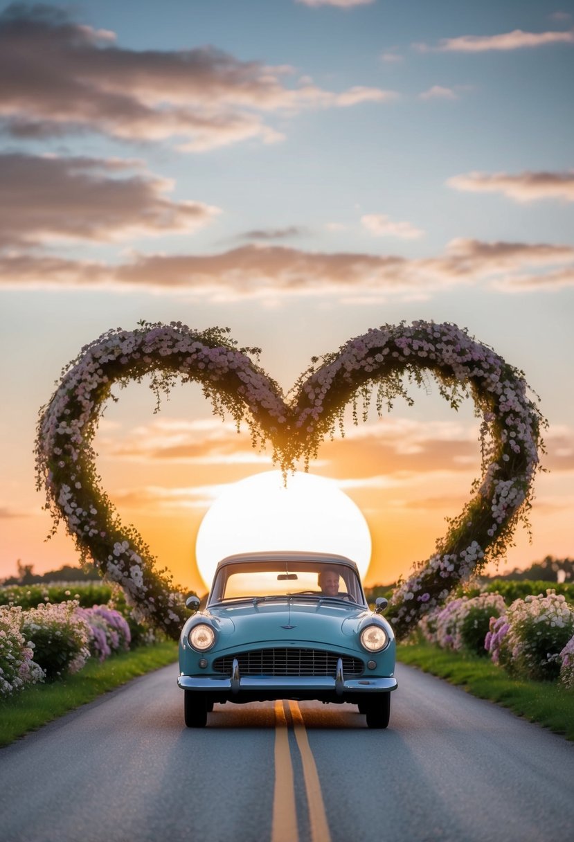 A vintage car driving through a heart-shaped road surrounded by blooming flowers and a setting sun in the background