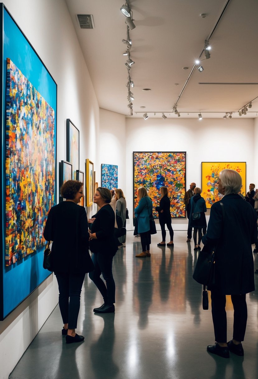 Vibrant paintings and sculptures fill the spacious gallery, illuminated by soft spotlights. Visitors admire the intricate details and bold colors, creating a lively and engaging atmosphere