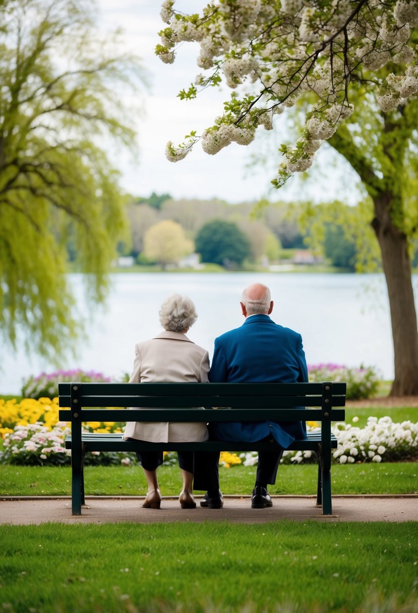 An elderly couple sits on a bench in a quaint park, surrounded by blooming flowers and a picturesque view of a serene lake