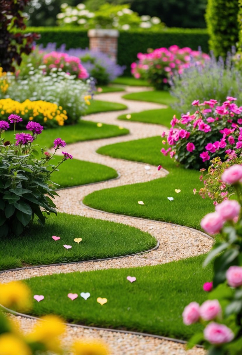 A beautiful garden with a winding path, blooming flowers, and hidden clues scattered throughout for a romantic scavenger hunt