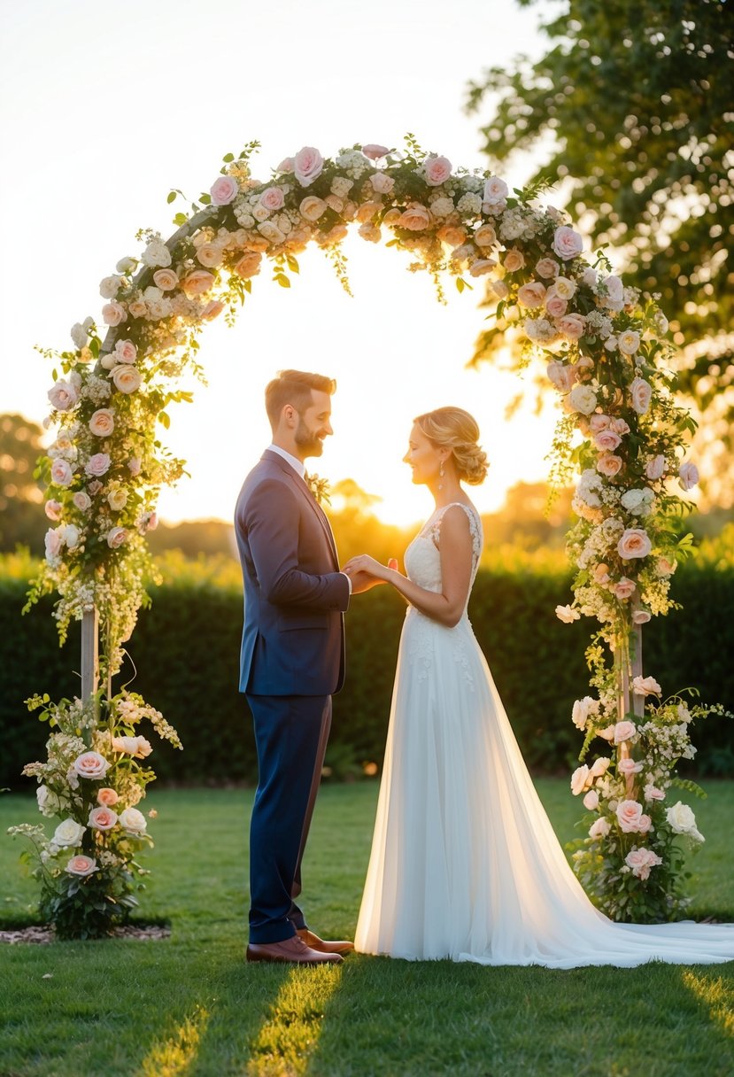 A couple stands under a flower-covered arch in a serene garden, exchanging vows. The sun sets behind them, casting a warm glow over the scene