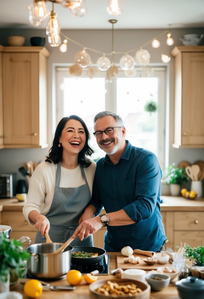 A couple joyfully cooks together in a cozy kitchen, surrounded by ingredients and utensils, celebrating their 45th wedding anniversary