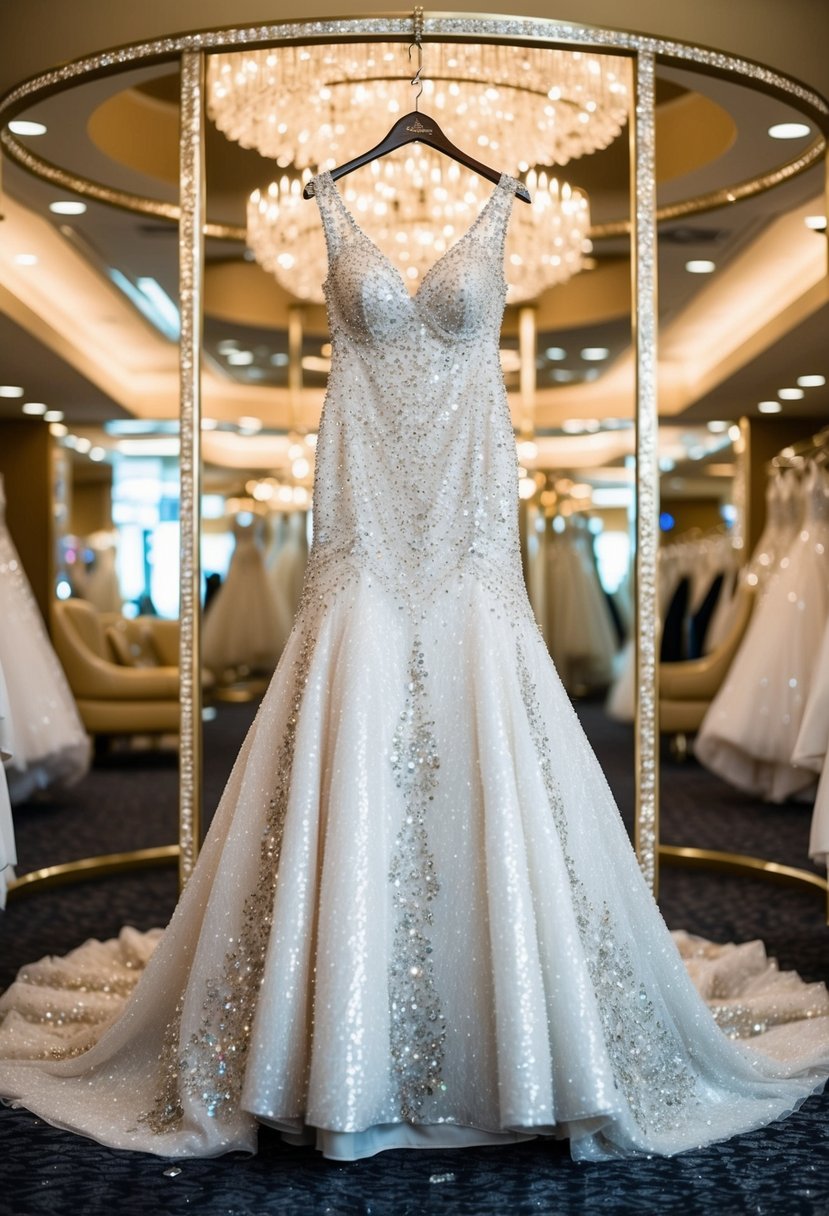 A sparkling, sequined wedding dress hangs on a glittering rack in a lavish Las Vegas bridal boutique. The dress is adorned with intricate beading and a dramatic train, reflecting the city's opulent and extravagant atmosphere