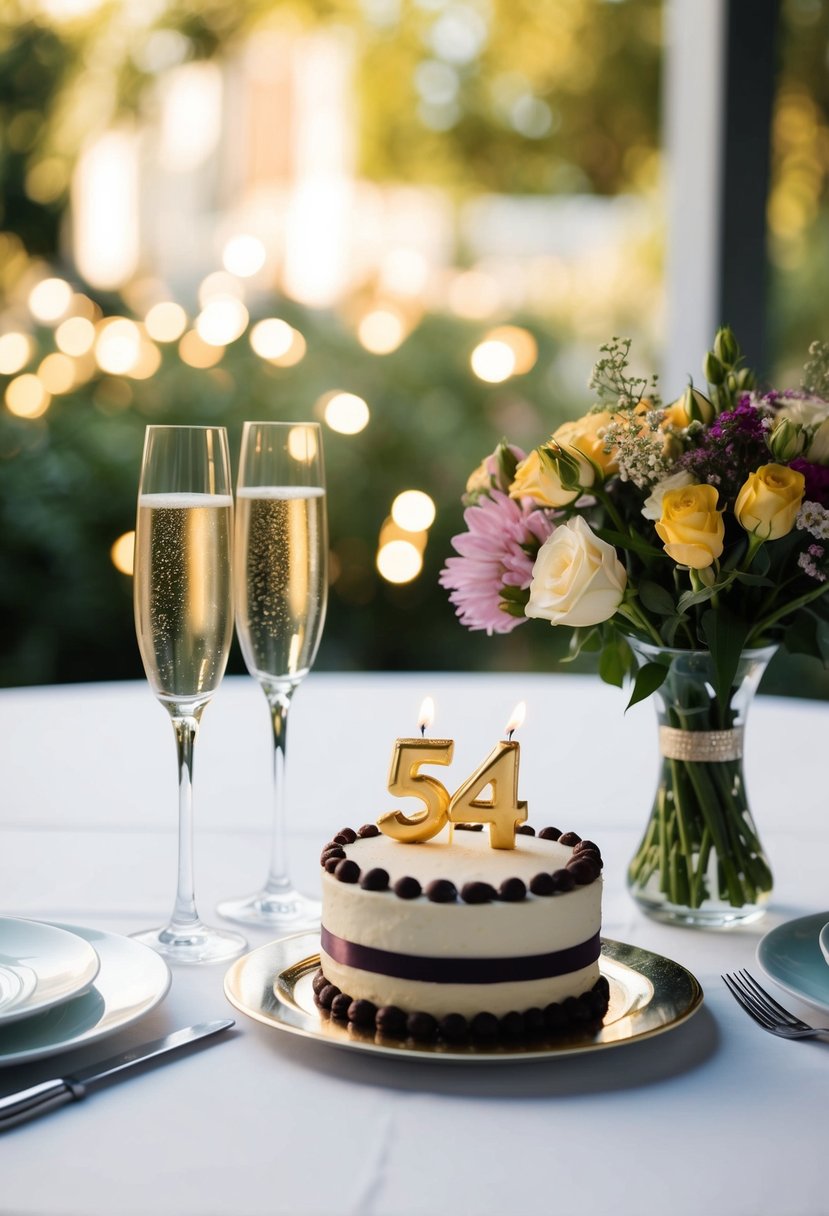 A table set with two champagne glasses, a bouquet of flowers, and a small cake with "54" candles