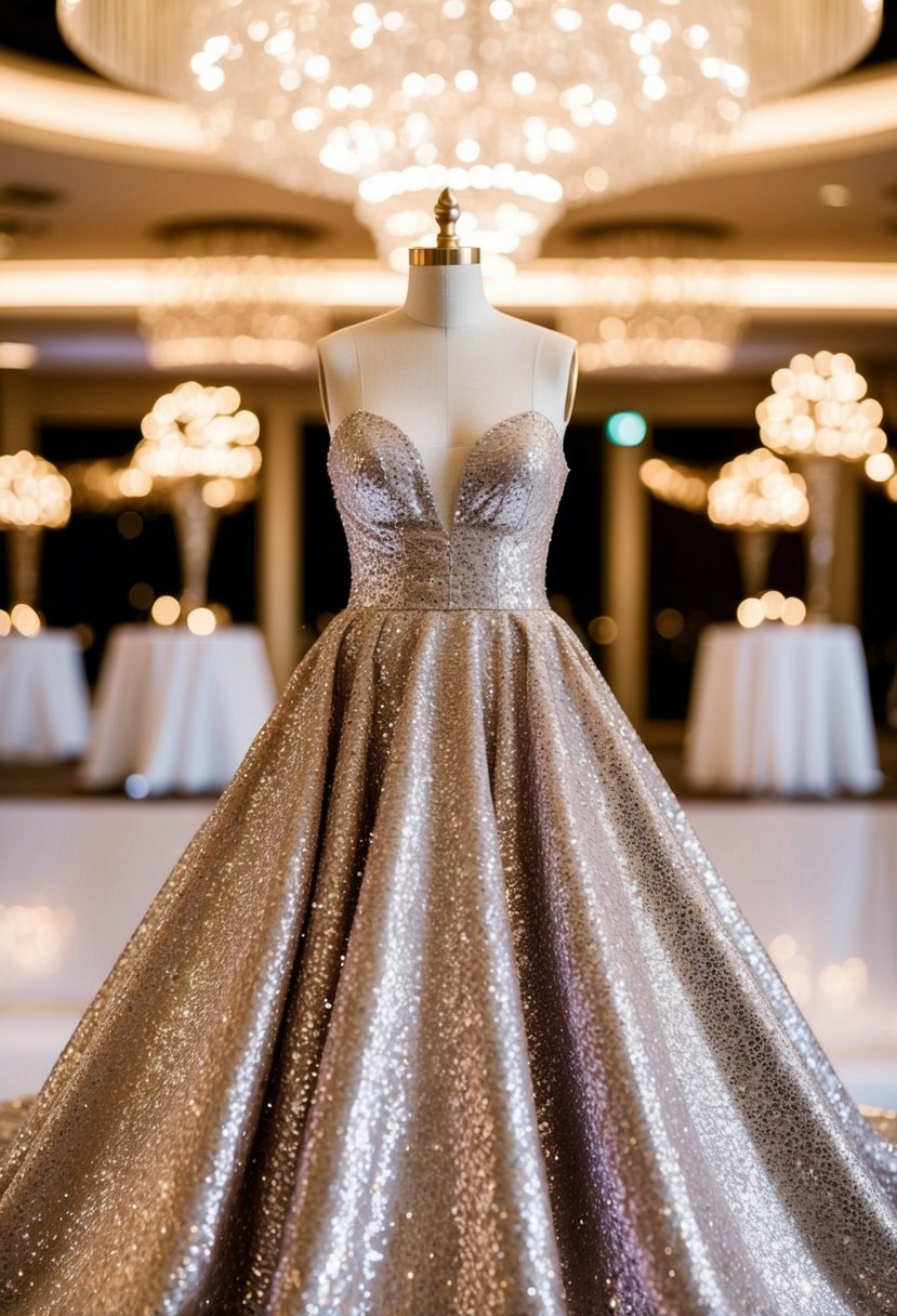 A glitzy sequin gown sparkling under the bright lights of a glamorous Vegas wedding reception