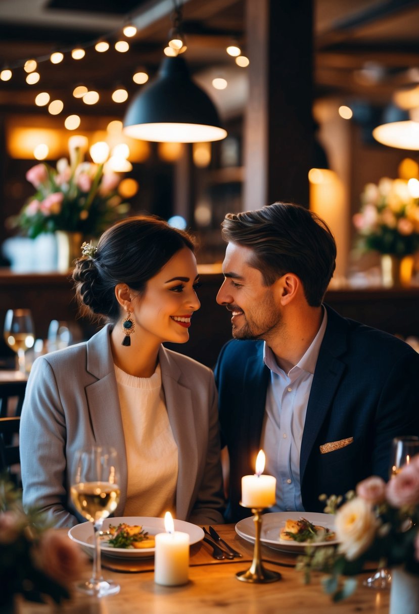 A couple sitting at a candlelit table in a cozy restaurant, surrounded by flowers and soft music