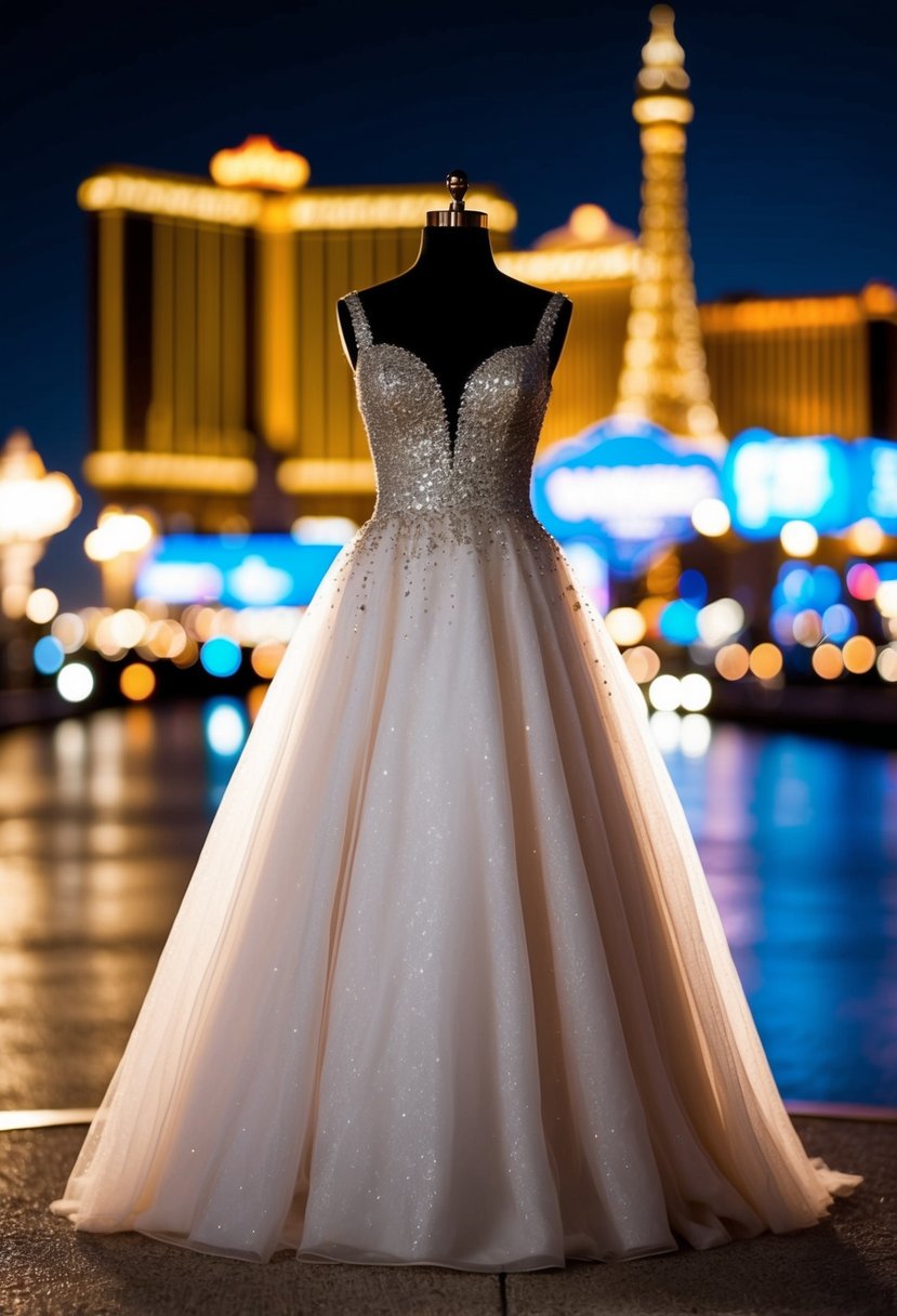 An elegant A-line dress with tulle and glitter, set against a backdrop of the Las Vegas strip at night