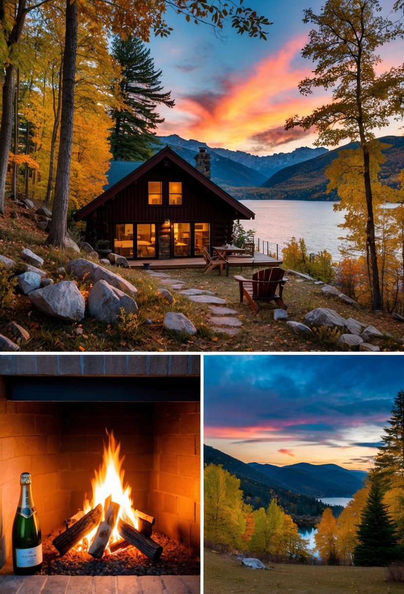 A cozy cabin nestled in the mountains, surrounded by colorful fall foliage. A crackling fire, a bottle of champagne, and a view of the sunset over the lake