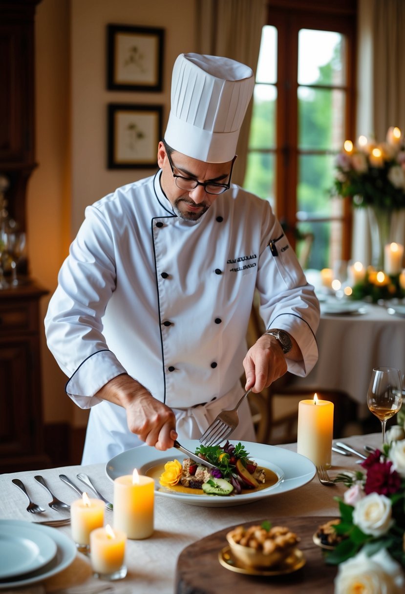 A private chef preparing a gourmet meal in a cozy dining room with candles and flowers for a 54th wedding anniversary celebration