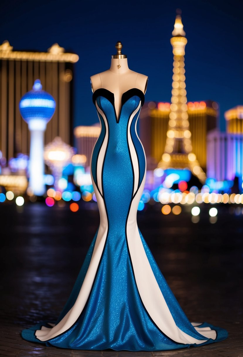 A chic mermaid dress with bold silhouettes, set against a glittering Vegas skyline at night