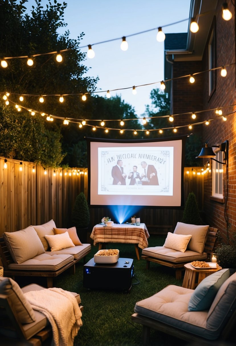 A backyard with string lights, comfy seating, a projector, and a screen showing a classic movie. Warm blankets and a table with snacks complete the cozy setup for a 54th wedding anniversary celebration